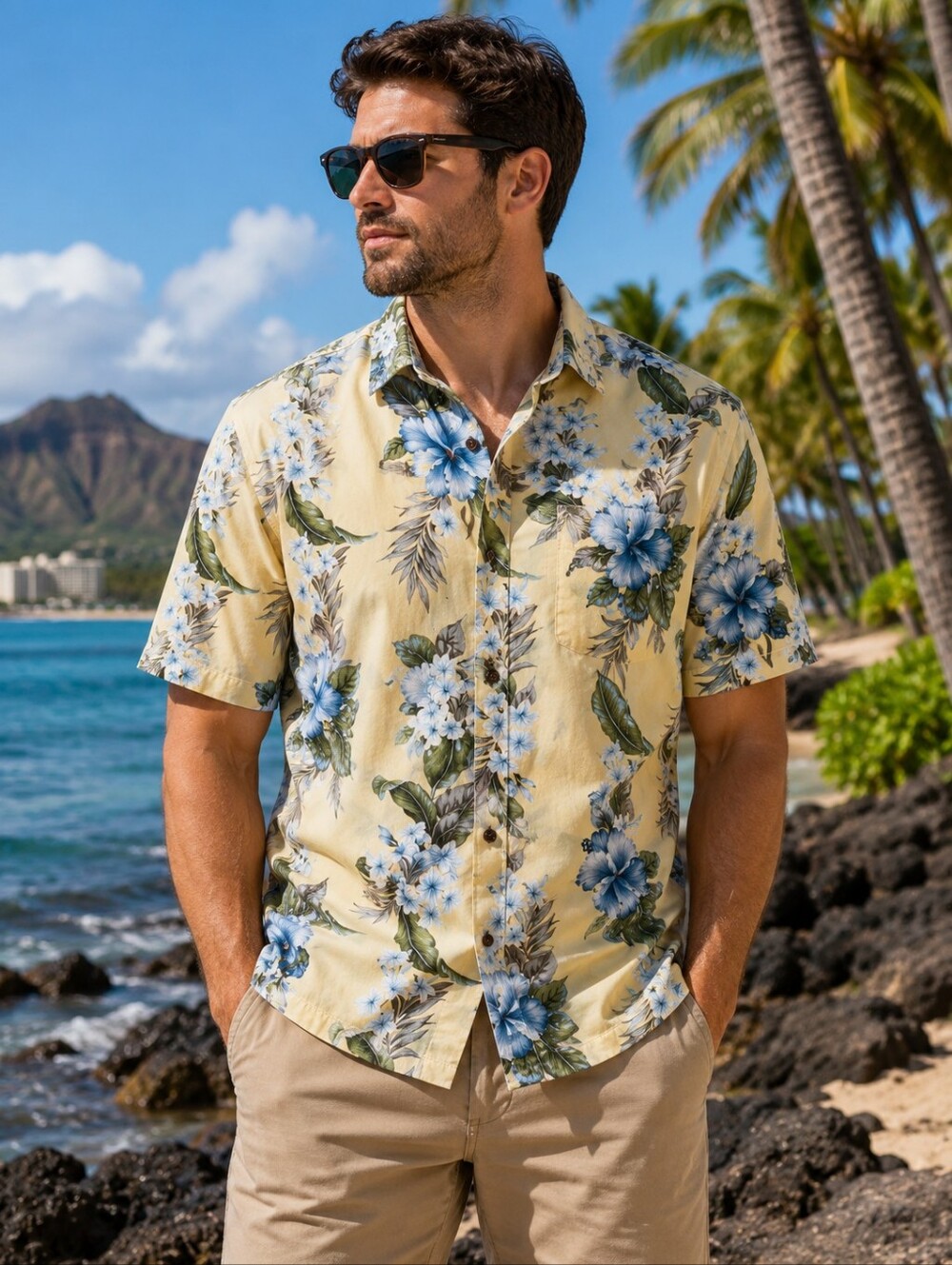 Iolani Hawaiian Shirt Mens XL Yellow Blue Hibiscus Floral Rayon Made in Hawaii